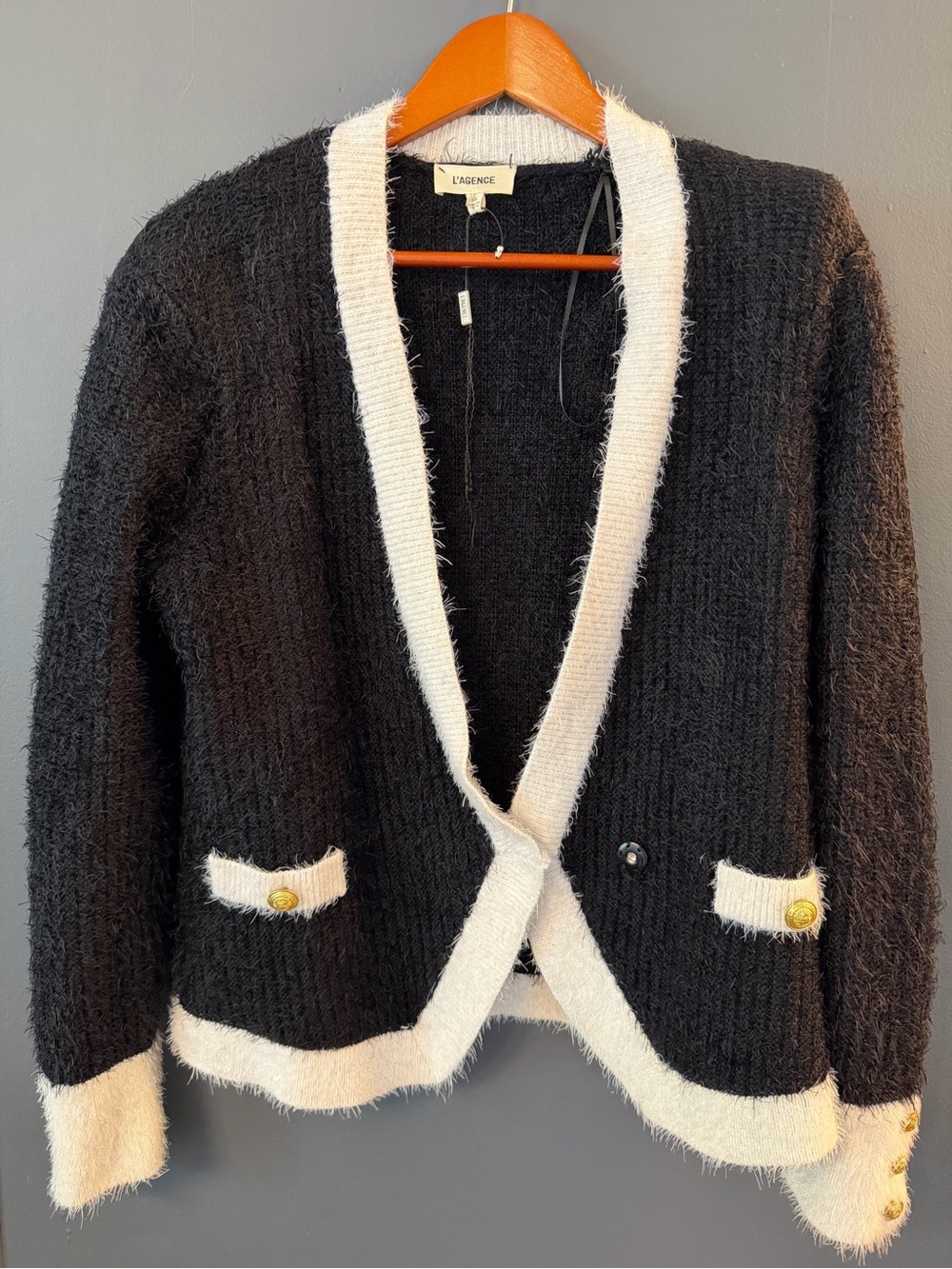 L'AGENCE Black Cardigan with White Fuzzy Trim